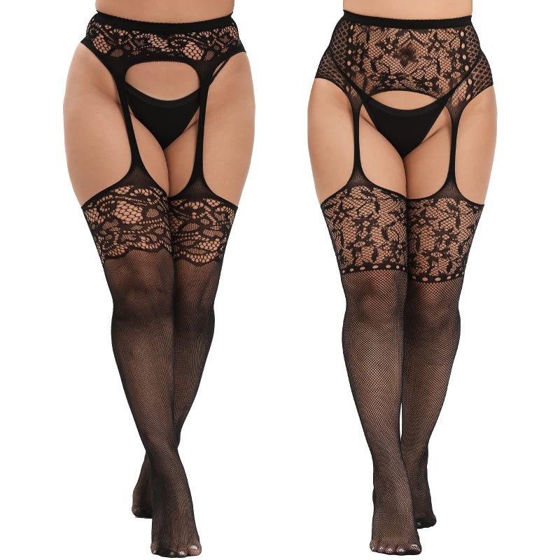 MANZI Plus Size Stockings Thigh High Fishnet Stockings Suspender Patterned Tights for Women Pattern B Floret Pack of 2 - Image 5