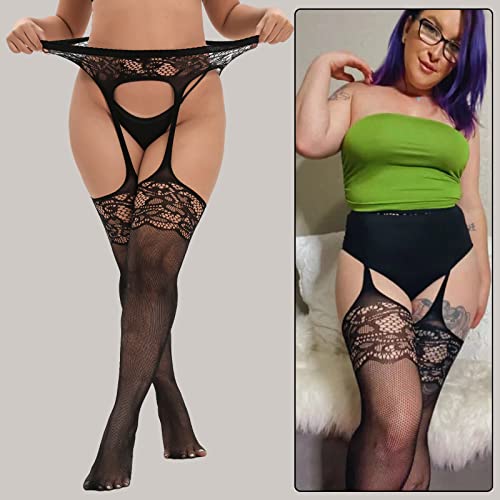 MANZI Plus Size Stockings Thigh High Fishnet Stockings Suspender Patterned Tights for Women Pattern B Floret Pack of 2 - Image 4