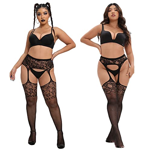 MANZI Plus Size Stockings Thigh High Fishnet Stockings Suspender Patterned Tights for Women Pattern B Floret Pack of 2 - Image 3