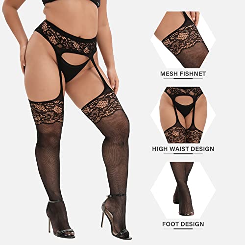 MANZI Plus Size Stockings Thigh High Fishnet Stockings Suspender Patterned Tights for Women Pattern B Floret Pack of 2 - Image 2