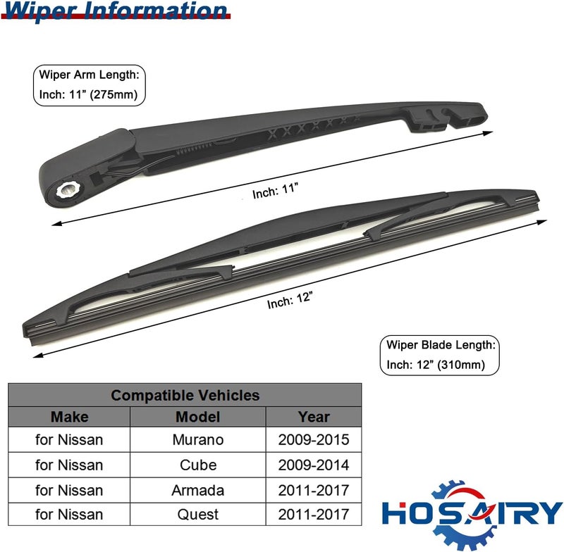 HOSAIRY Rear Wiper Arm Blade Set for Nissan Murano, Cube, and Quest - Image 2
