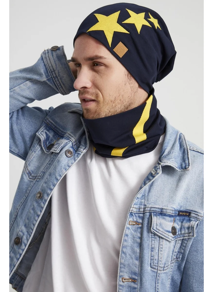 Butikgiz Yellow Navy Blue Star Legendary Striped String 4 Season Hat Beanie Neck Collar Set Soft Combed Cotton