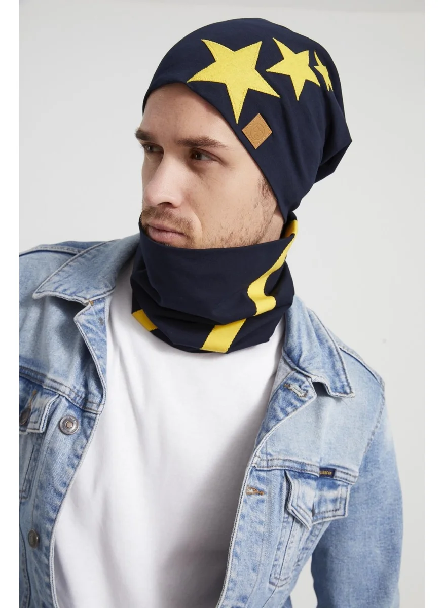 Butikgiz Yellow Navy Blue Star Legendary Striped String 4 Season Hat Beanie Neck Collar Set Soft Combed Cotton