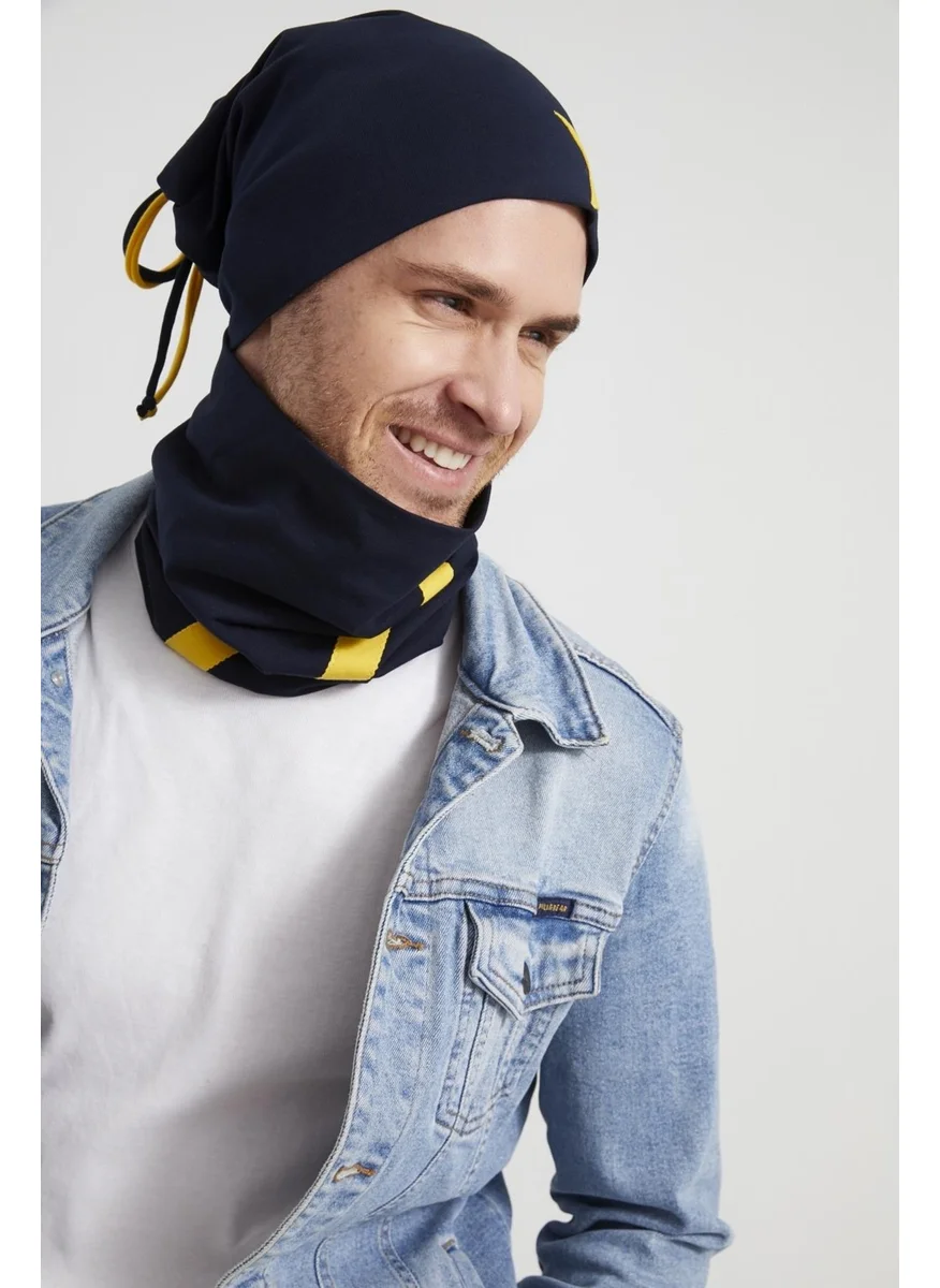 Butikgiz Yellow Navy Blue Star Legendary Striped String 4 Season Hat Beanie Neck Collar Set Soft Combed Cotton