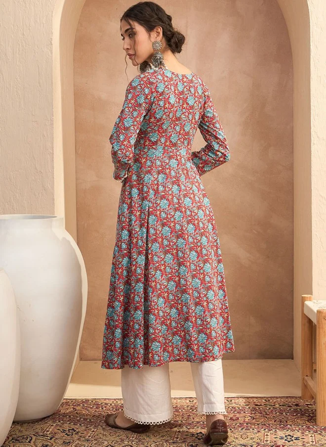 SASSAFRAS Floral Block Printed A-Line Kurta for Women