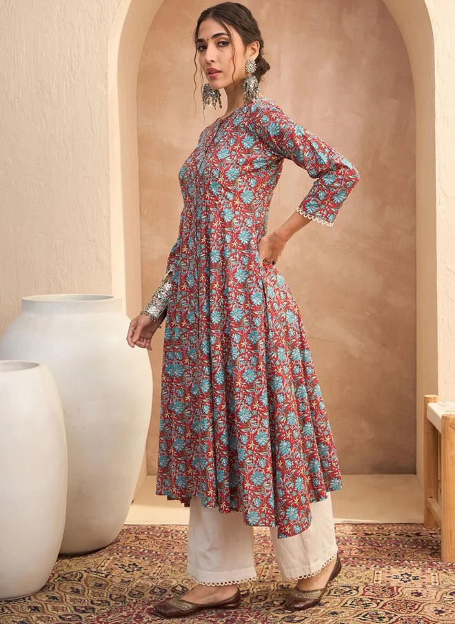 SASSAFRAS Floral Block Printed A-Line Kurta for Women
