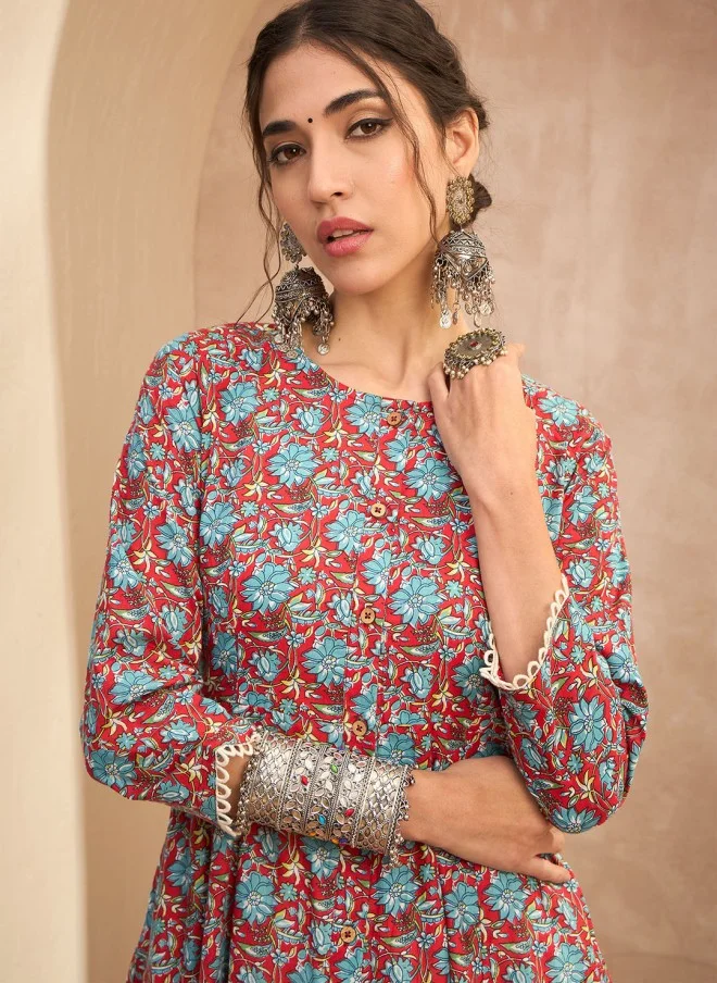 SASSAFRAS Floral Block Printed A-Line Kurta for Women