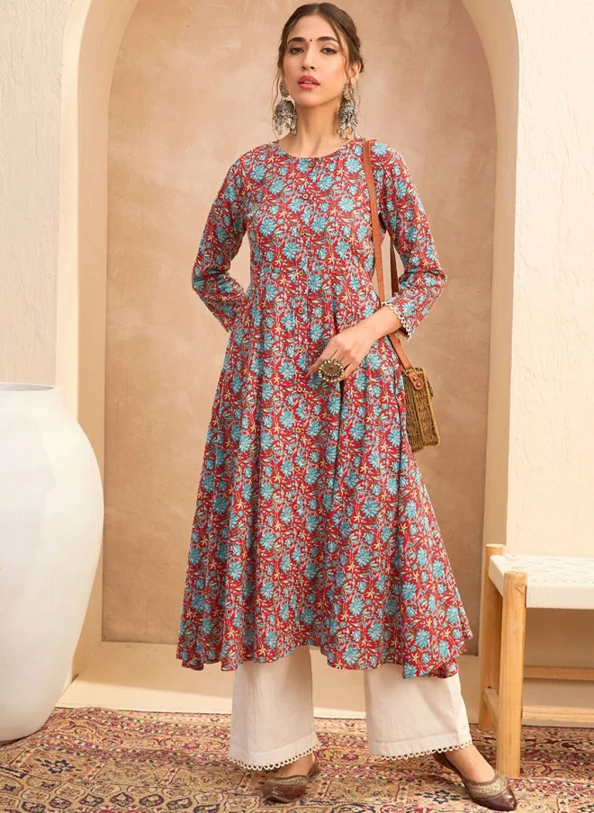 SASSAFRAS Floral Block Printed A-Line Kurta for Women
