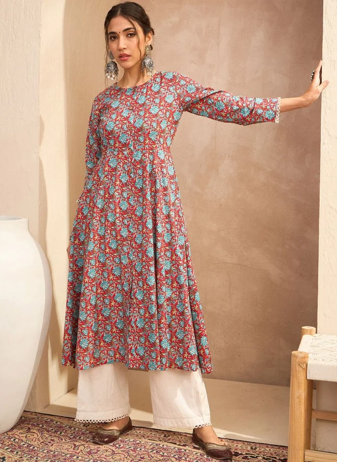 SASSAFRAS Floral Block Printed A-Line Kurta for Women