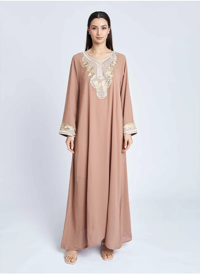 KASHKHA Brown Colour Jalabiya with Embroidery