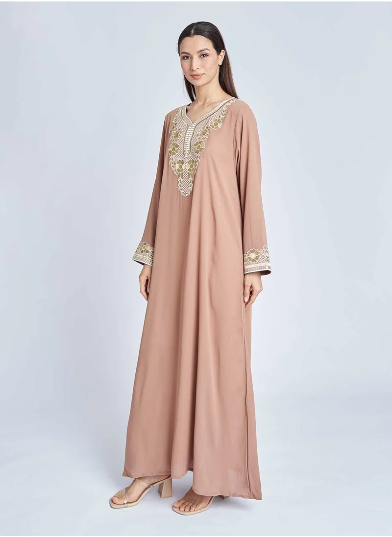 KASHKHA Brown Colour Jalabiya with Embroidery