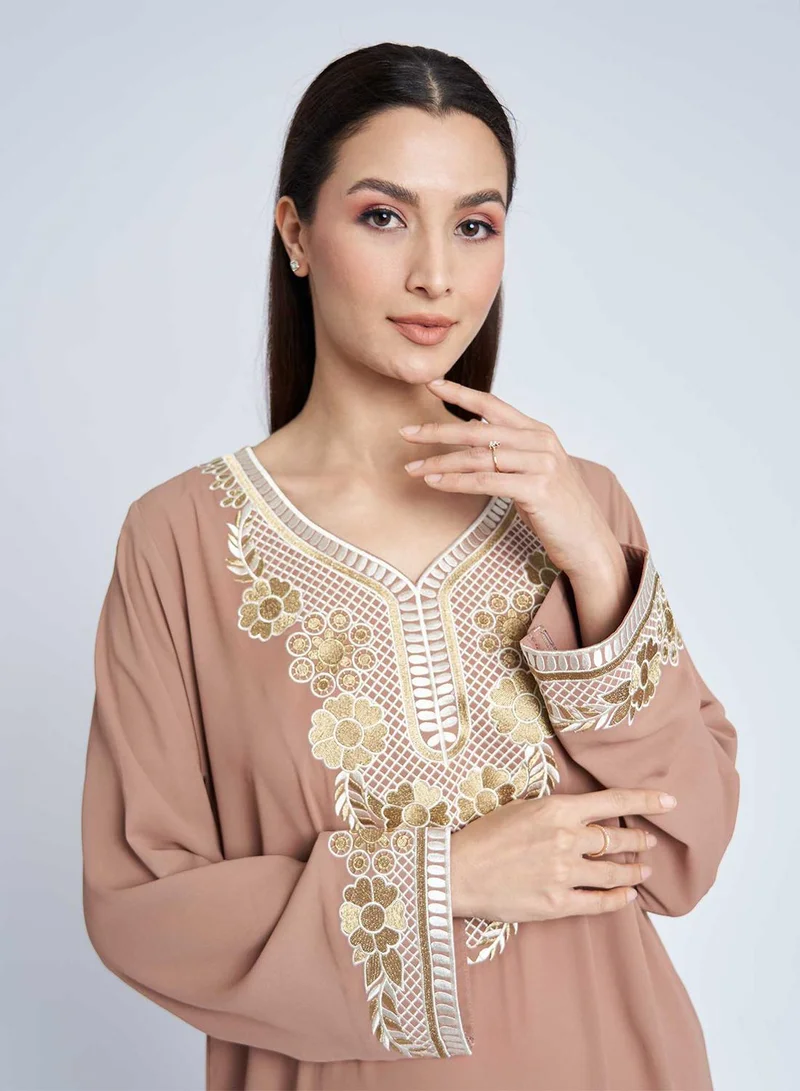 KASHKHA Brown Colour Jalabiya with Embroidery