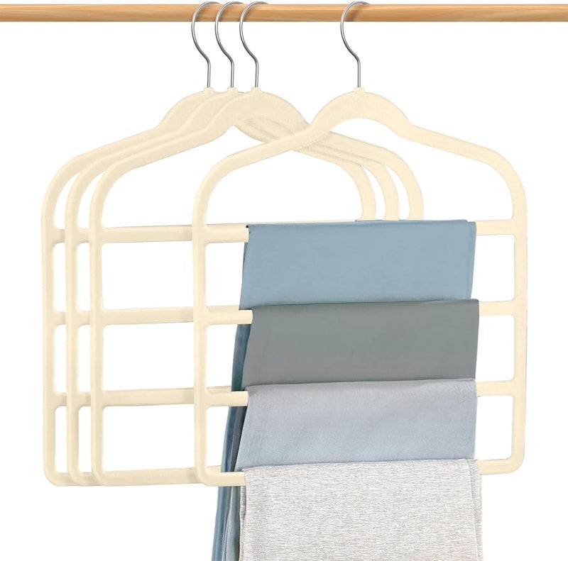 Red Dot Gift 4-Pack H42x33.5cm Ivory Velvet Pants Hanger Space Saving Non-Slip Pants Rack Hanger, Skirt Hangers 4 Layers 360° Swivel Hook Velvet Clothes Hanger for Jeans, Scarf and Tie - Image 1