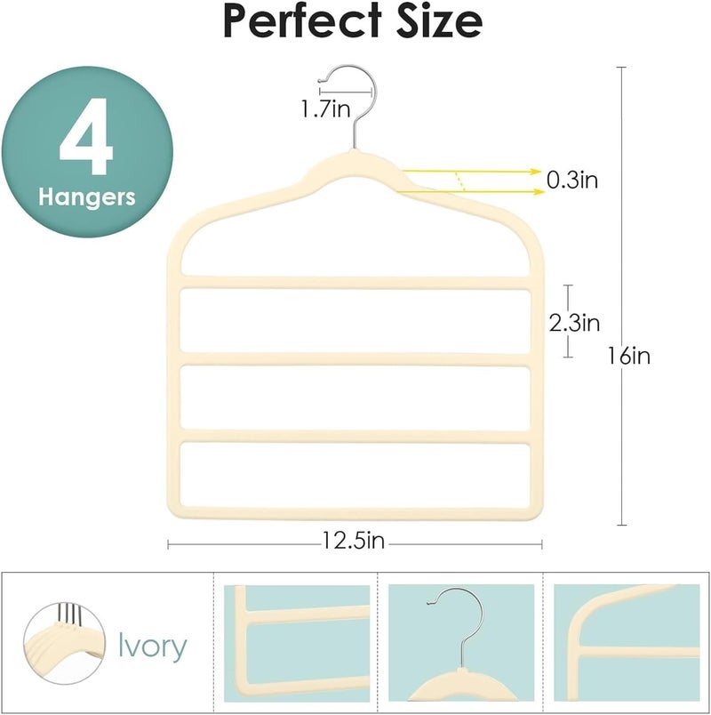 Red Dot Gift 4-Pack H42x33.5cm Ivory Velvet Pants Hanger Space Saving Non-Slip Pants Rack Hanger, Skirt Hangers 4 Layers 360° Swivel Hook Velvet Clothes Hanger for Jeans, Scarf and Tie - Image 2
