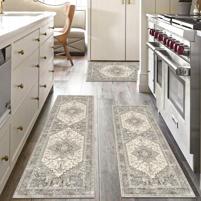 Yamaziot Boho Washable Kitchen Rugs Sets of 3 Non Slip Kitchen Mats for Floor with Rubber Backing Waterproof  Stain Resistant Carpet Runner Throw Rug for Kitchen Laundry Room Hallway Beige Grey