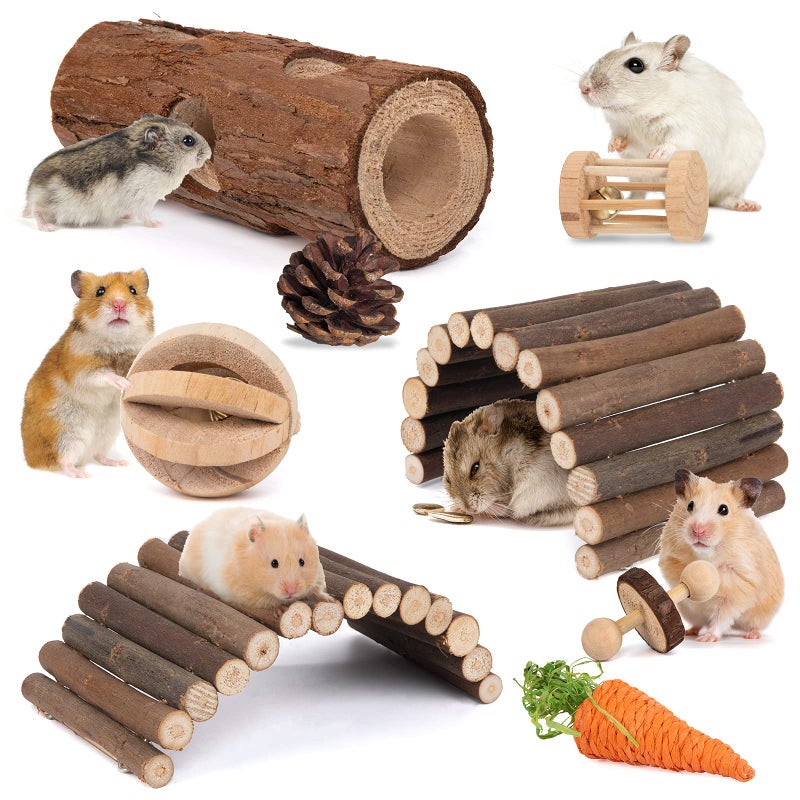 Sofier Hamster Toys Hamster Accessories for Cage Natural Guinea Pig Toys and Chews for Teeth Rat Toys Chinchilla Toys Wood Hideout Bridge Apple Wood Sticks - Image 1