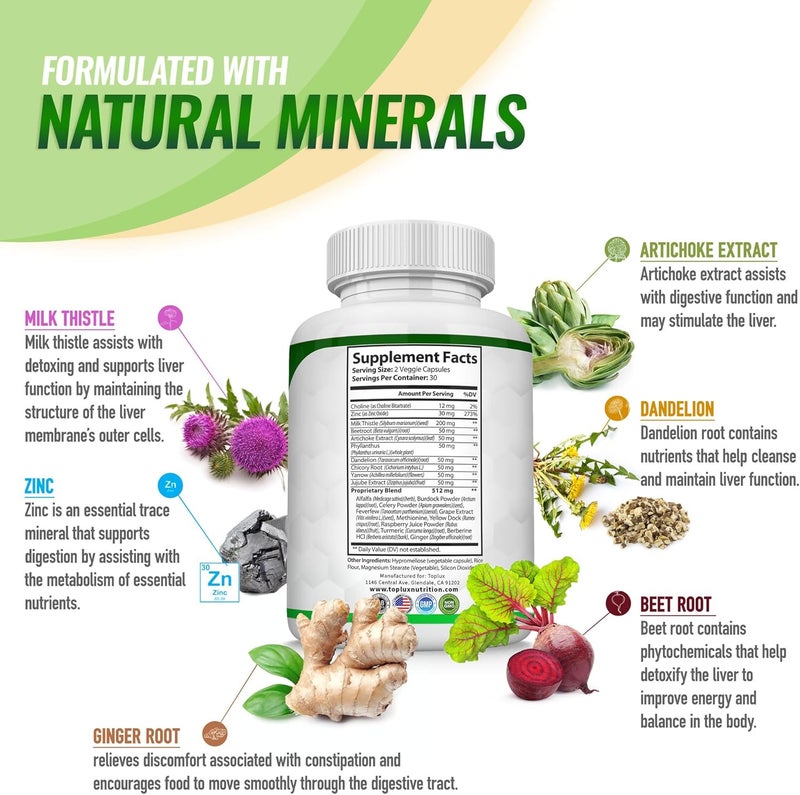 Toplux صيغة إصلاح وتنظيف الكبد - مكمل تنظيف الكبد - حليب الشوك مع الهندباء والخرشوف والكركم وجذر الشمندر - المزيد من التنظيف العشبي الطبيعي السريع - نباتي غير معدل وراثيًا - 60 كبسولة - Image 4
