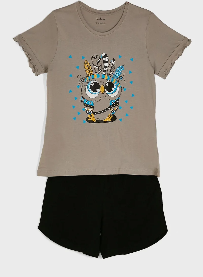 Clovia Owl Print Top & Shorts - Cotton Rich