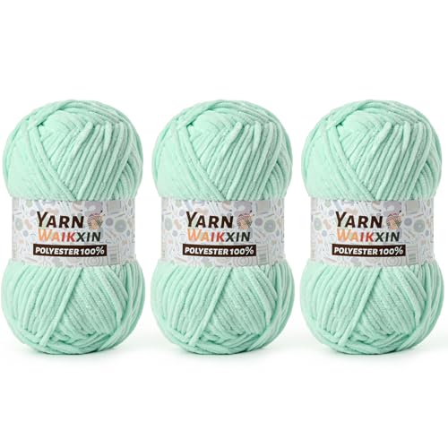 Waikxin 3 Pack Soft Chenille Yarn for Crocheting, Fluffy Chunky Crochet Yarn for Baby Blanket, (5.29oz/196.8yds) Fuzzy Velvet Yarn for Amigurumi&DIY Puzzle、Crafts、Scarf(3 Aqua Green) - Image 1