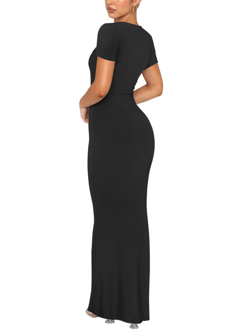 REORIA Women's Summer Sexy Casual Lounge Long Dress Elegant Wedding Guest Short Sleeve Crew Neck Bodycon Maxi Dresses Black Small - Image 3