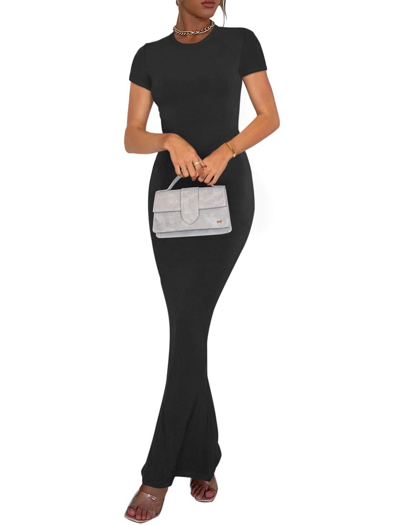 REORIA Women's Summer Sexy Casual Lounge Long Dress Elegant Wedding Guest Short Sleeve Crew Neck Bodycon Maxi Dresses Black Small - Image 4