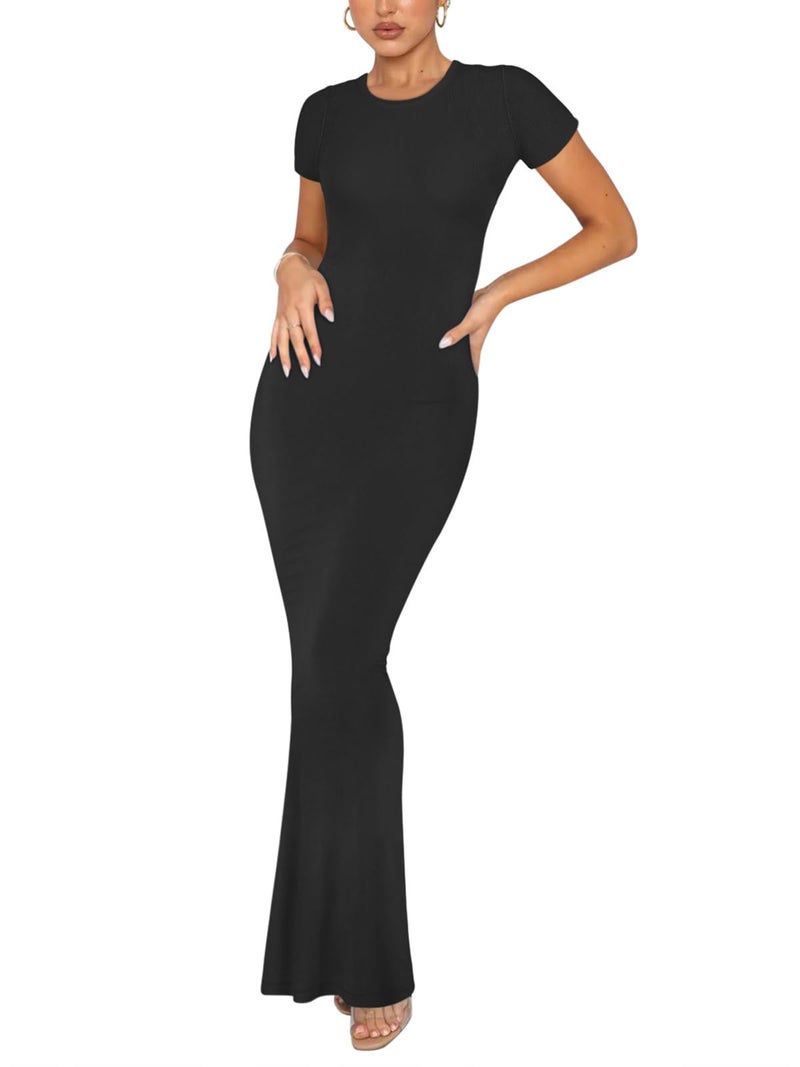 REORIA Women's Summer Sexy Casual Lounge Long Dress Elegant Wedding Guest Short Sleeve Crew Neck Bodycon Maxi Dresses Black Small - Image 1