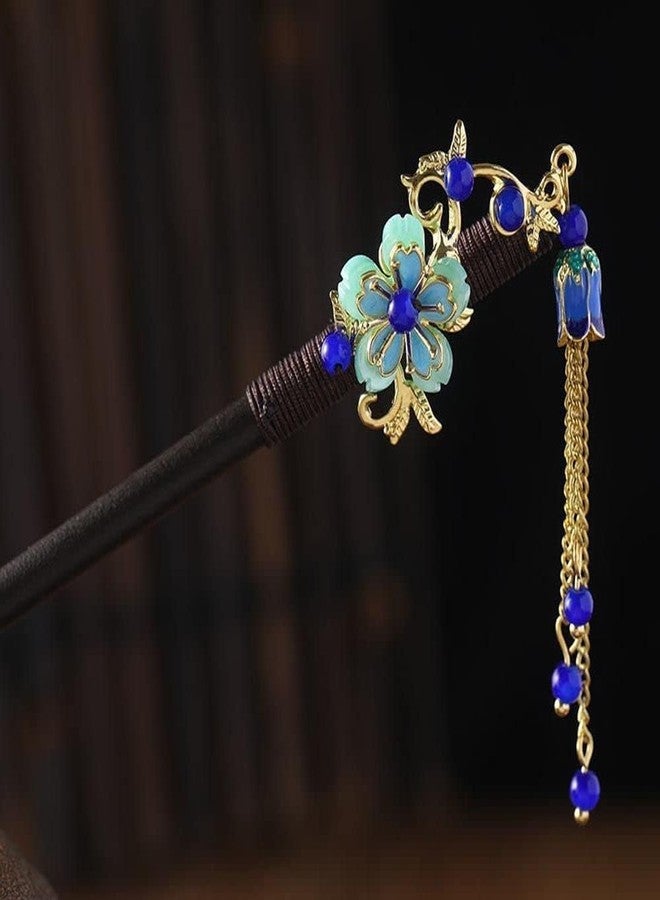 Junfamilee Blue Chinese Japanese Vintage Wooden Hair Stick with Flower and Tassel - Retro Hairpin Chopsticks for Wedding, Party, and Hanfu Hair Styling - Image 1