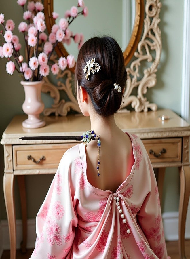 Junfamilee Blue Chinese Japanese Vintage Wooden Hair Stick with Flower and Tassel - Retro Hairpin Chopsticks for Wedding, Party, and Hanfu Hair Styling - Image 4