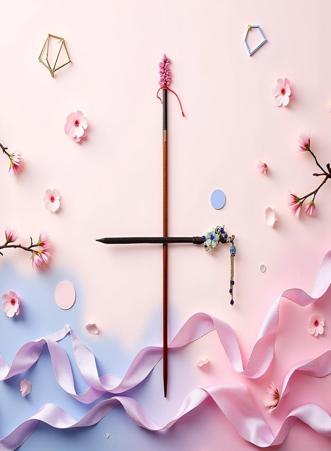 Junfamilee Blue Chinese Japanese Vintage Wooden Hair Stick with Flower and Tassel - Retro Hairpin Chopsticks for Wedding, Party, and Hanfu Hair Styling - Image 5