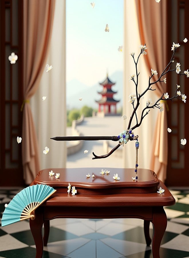 Junfamilee Blue Chinese Japanese Vintage Wooden Hair Stick with Flower and Tassel - Retro Hairpin Chopsticks for Wedding, Party, and Hanfu Hair Styling - Image 3