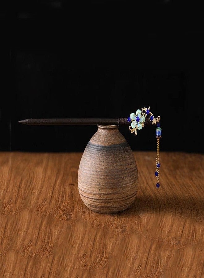 Junfamilee Blue Chinese Japanese Vintage Wooden Hair Stick with Flower and Tassel - Retro Hairpin Chopsticks for Wedding, Party, and Hanfu Hair Styling - Image 2