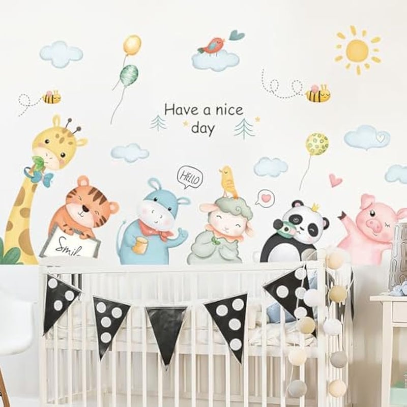 Cartoon Animals Wall Decals Animals Wall Stickers Watercolor Cloud Wall Decals Cute Balloon Animal Wall Stickers for Nursery Kids Room Playroom Decor - Image 1