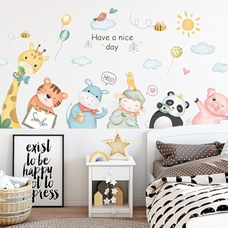 Cartoon Animals Wall Decals Animals Wall Stickers Watercolor Cloud Wall Decals Cute Balloon Animal Wall Stickers for Nursery Kids Room Playroom Decor - Image 3