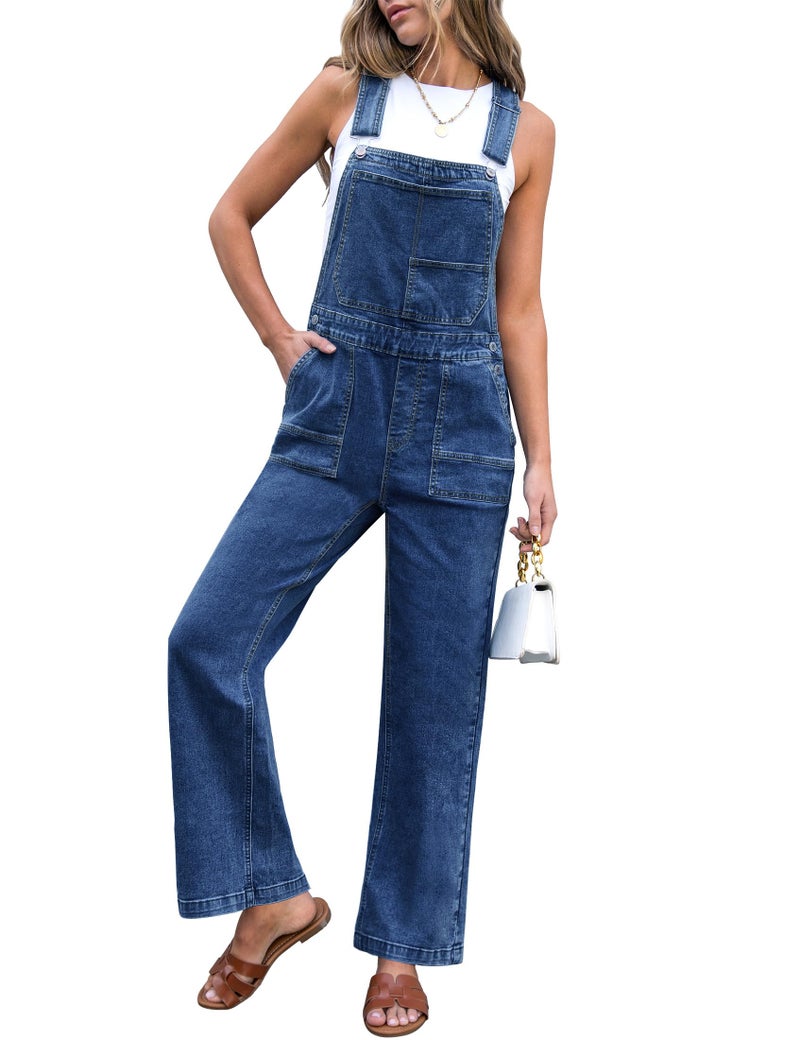luvamia Jean Overalls for Women Loose Fit Straight Wide Leg Baggy Stretchy Adjustable Strap One Piece Jean Jumpsuits for Women Casual Denim Overall Classic Blue Size Large US Size 12-14 - Image 1