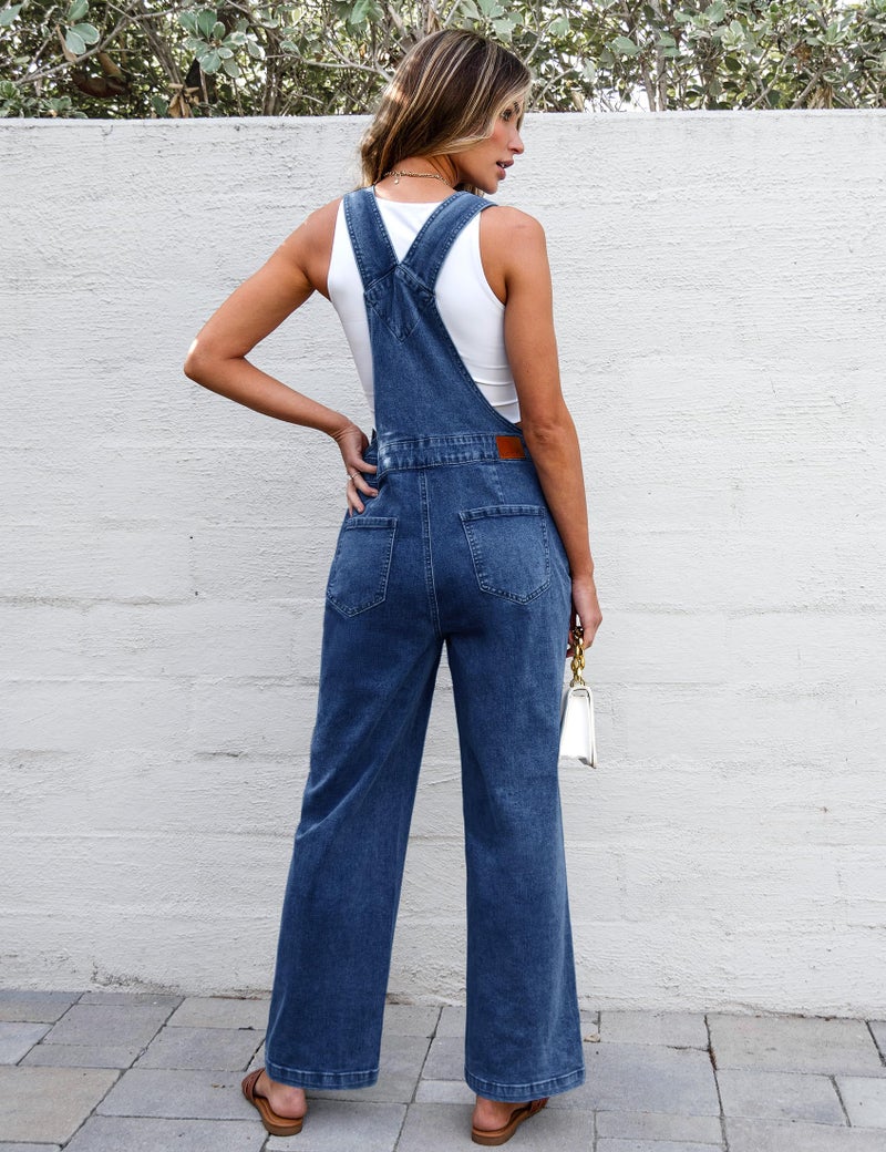 luvamia Jean Overalls for Women Loose Fit Straight Wide Leg Baggy Stretchy Adjustable Strap One Piece Jean Jumpsuits for Women Casual Denim Overall Classic Blue Size Large US Size 12-14 - Image 3