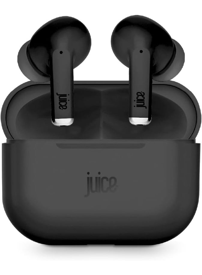 JUICE Airphones Wireless Earbuds, Stylish Design Earphones, Tiny, Lightweight Comfort, Smart Noise Cancelling, Clear Sound, IPX4, Touch Control, Bluetooth V5, 5 Hours Playtime - Black - Image 1