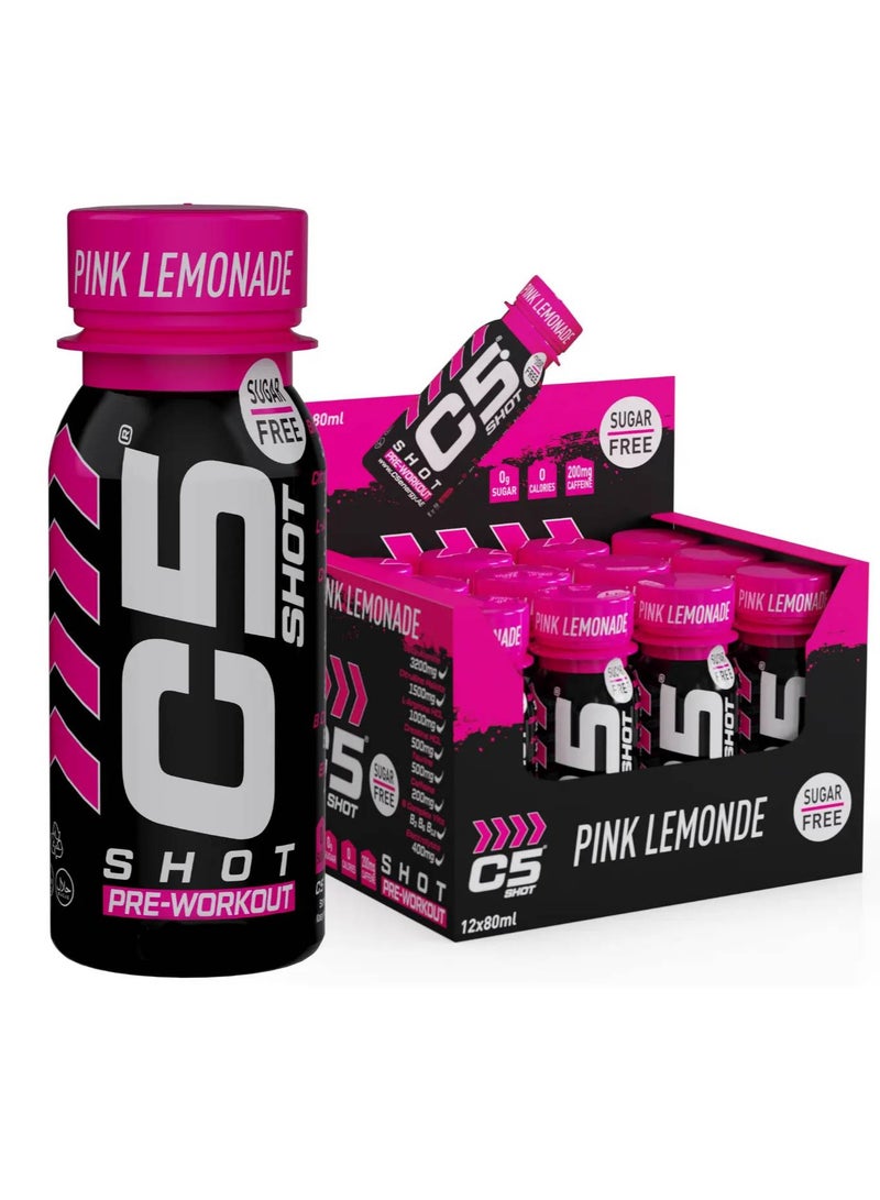 C5 Energy C5 SHOT Pre-Workout Drink | 80ml Liquid Shot | 200mg Caffeine, Beta-Alanine, Creatine, Citrulline | Sugar Free | Zero Calories (Pack of 12, Pink Lemonade) - Image 1