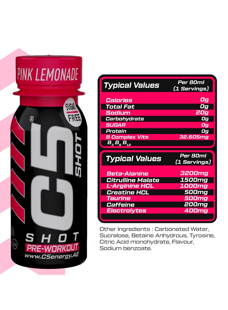 C5 Energy C5 SHOT Pre-Workout Drink | 80ml Liquid Shot | 200mg Caffeine, Beta-Alanine, Creatine, Citrulline | Sugar Free | Zero Calories (Pack of 12, Pink Lemonade) - Image 4