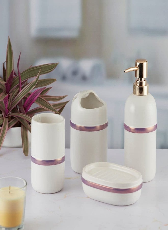 Kookee Ceramic Bathroom Set – Stylish 4 Piece Bath Accessories Kit with Soap Dispenser, Toothbrush Holder, Tumbler & Soap Dish – Modern & Designer Decor for Home & Guest Bathrooms, White/Purple (9643) - Image 3