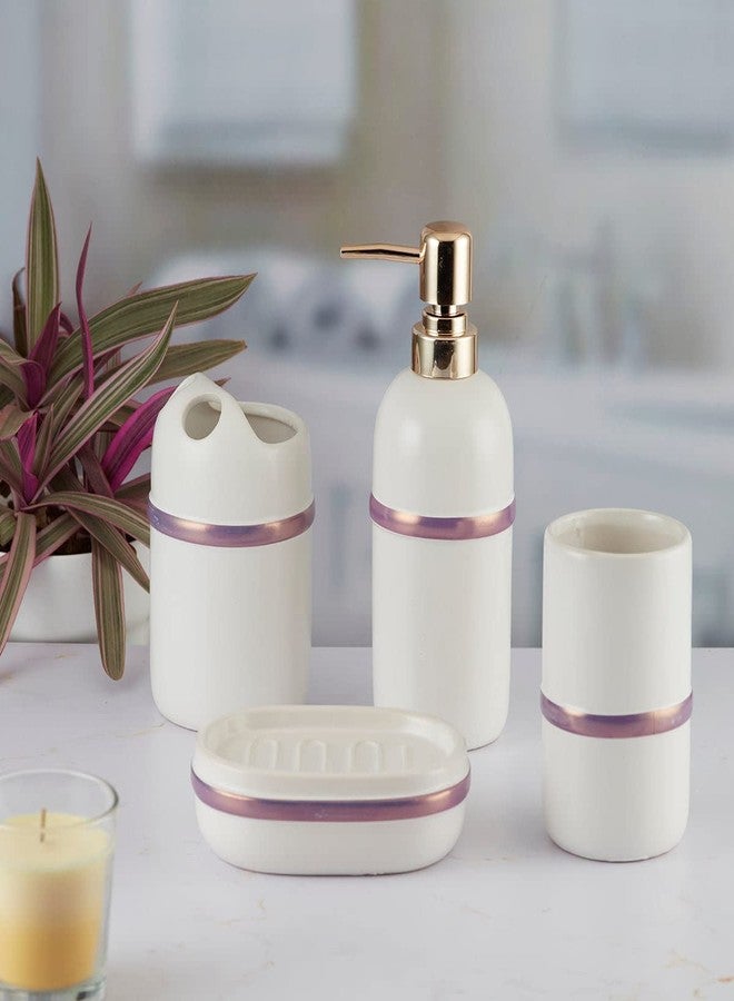 Kookee Ceramic Bathroom Set – Stylish 4 Piece Bath Accessories Kit with Soap Dispenser, Toothbrush Holder, Tumbler & Soap Dish – Modern & Designer Decor for Home & Guest Bathrooms, White/Purple (9643) - Image 4