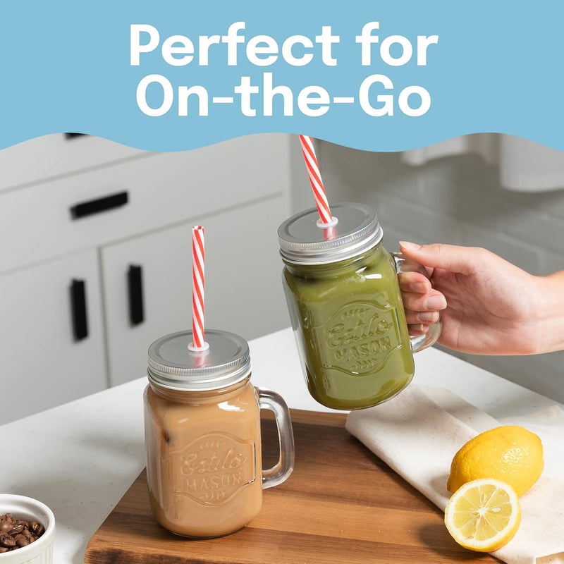 Estilo برطمانات ميسون زجاجية من استيلو مع مقبض وغطاء وقشة سعة 16 أونصة مجموعة أكواب شرب للقهوة المثلجة والشاي والسموذي مجموعة من 6 - Image 5