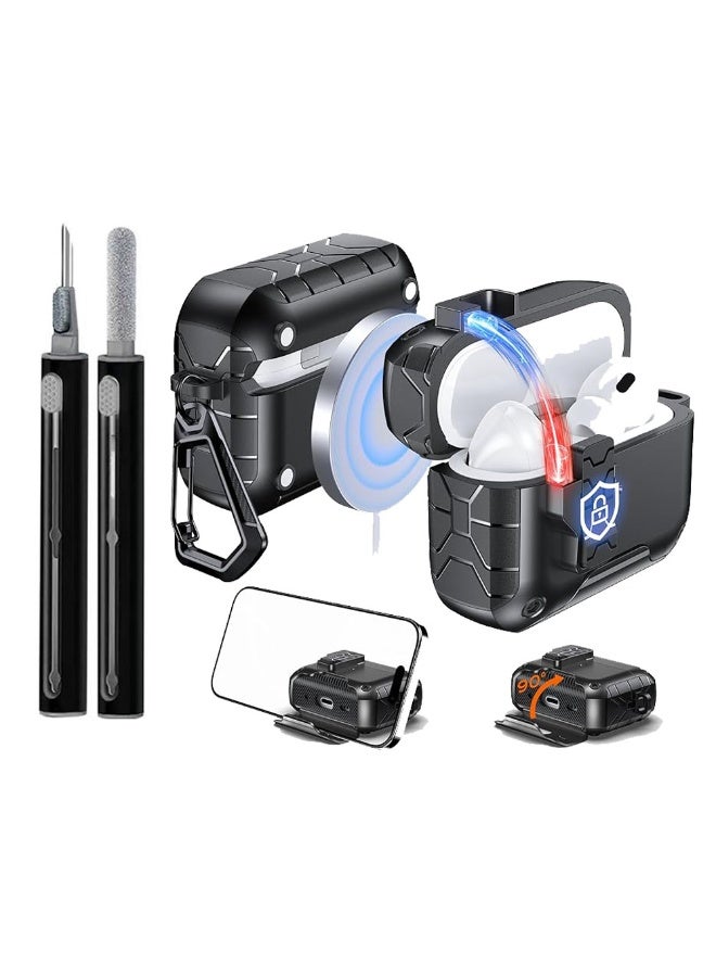 DKNG for AirPods Pro 3 Protective case, comes with a cleaning kit and carabiner, AirPods Pro 3 case with built-in magnets, one-button automatic open and close, full-body drop protection, supports wired and wireless charging. Black - Image 1