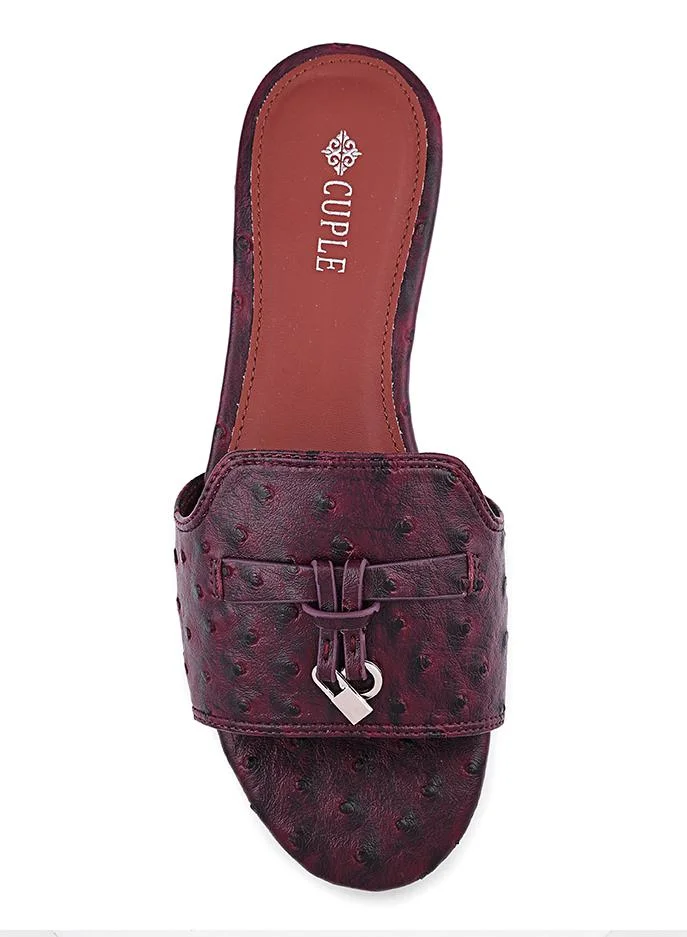 Cuple Maroon Cuple Textured Slip-On Flat Slides for Women | Best Price UAE