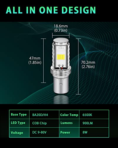 GLL BA20D H616 COB 12W LED Aluminium Bulbs White Motorcycle Lights Bulb Backup Signal Blinker Stop Brake Tail Motorbike Light Bulbs Battery Car LED Headlight 900LM High/Low Beam(Pack of 2) - Image 2