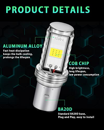 GLL BA20D H616 COB 12W LED Aluminium Bulbs White Motorcycle Lights Bulb Backup Signal Blinker Stop Brake Tail Motorbike Light Bulbs Battery Car LED Headlight 900LM High/Low Beam(Pack of 2) - Image 3