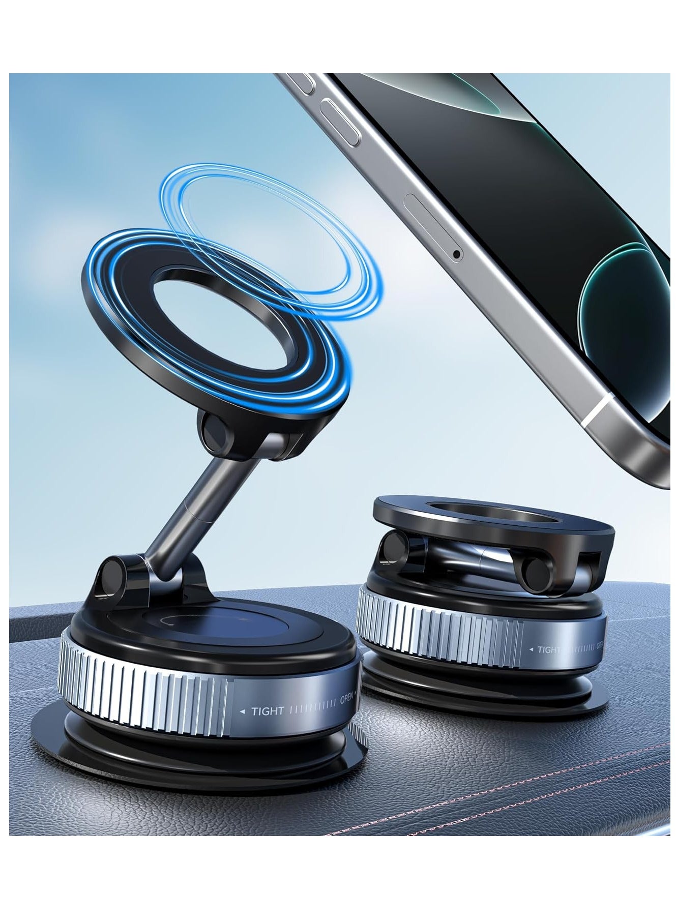 Car Mobile Phone Holder with Vacuum Suction Cup, Compatible with MagSafe, 360° Adjustable and Foldable Magnetic Phone Holder for Car/Windshield/Glass/Any Smooth Surface - Black
