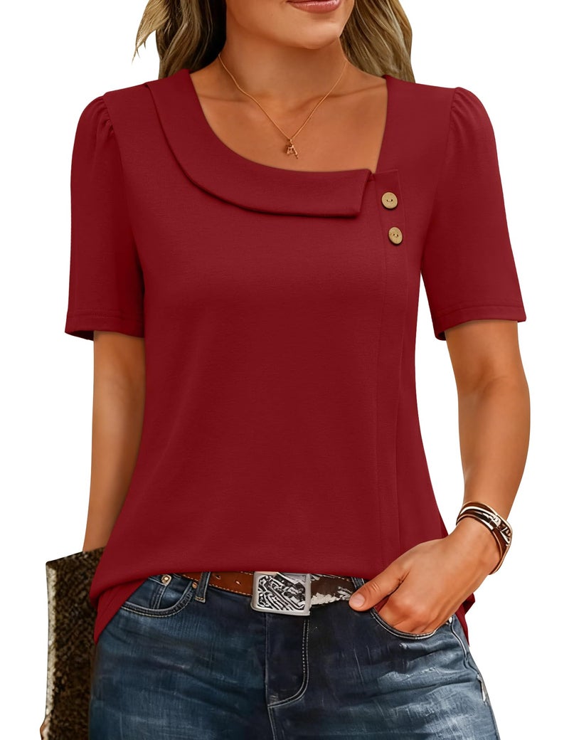 LUYAA Red Top Summer Work Tops for Women Plus Size Tunic Women T Shirts Loose Fit Square Neck Blouses Dressy Casual Spring Blouse L - Image 1