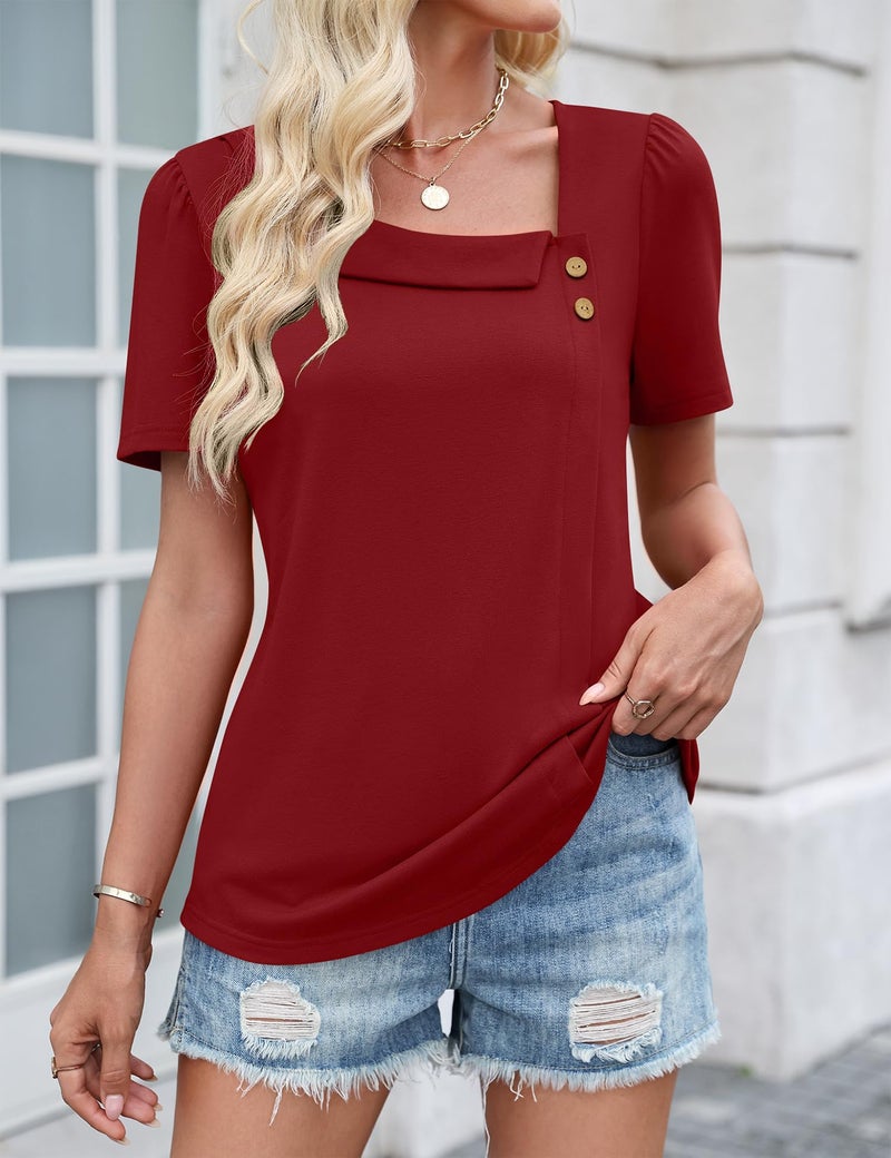 LUYAA Red Top Summer Work Tops for Women Plus Size Tunic Women T Shirts Loose Fit Square Neck Blouses Dressy Casual Spring Blouse L - Image 3
