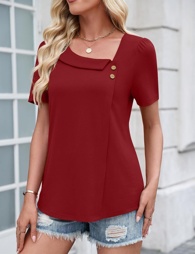 LUYAA Red Top Summer Work Tops for Women Plus Size Tunic Women T Shirts Loose Fit Square Neck Blouses Dressy Casual Spring Blouse L - Image 2