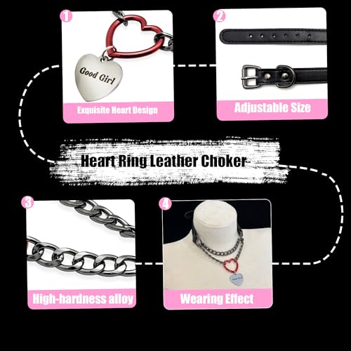 paloli Leather Slip Chain Choker – Adjustable PU Vegan Collar With Heart Ring & Cuban Chain, Letter Heart Pendant Necklace for Women - Image 5